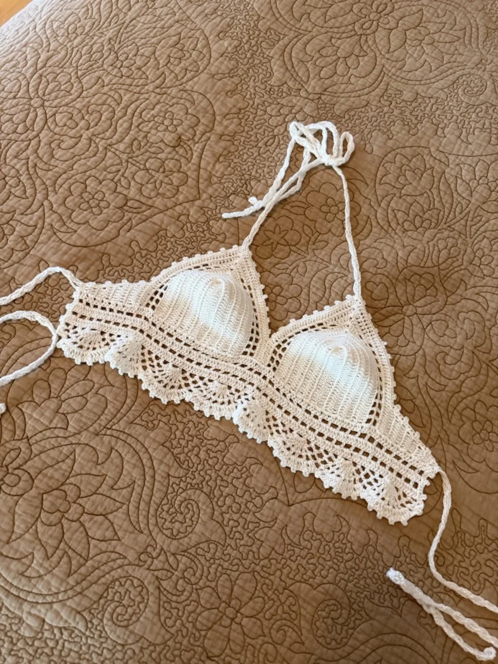 White Crochet Halter Top Boho Festival Lace Bralette Tie Back, Size S